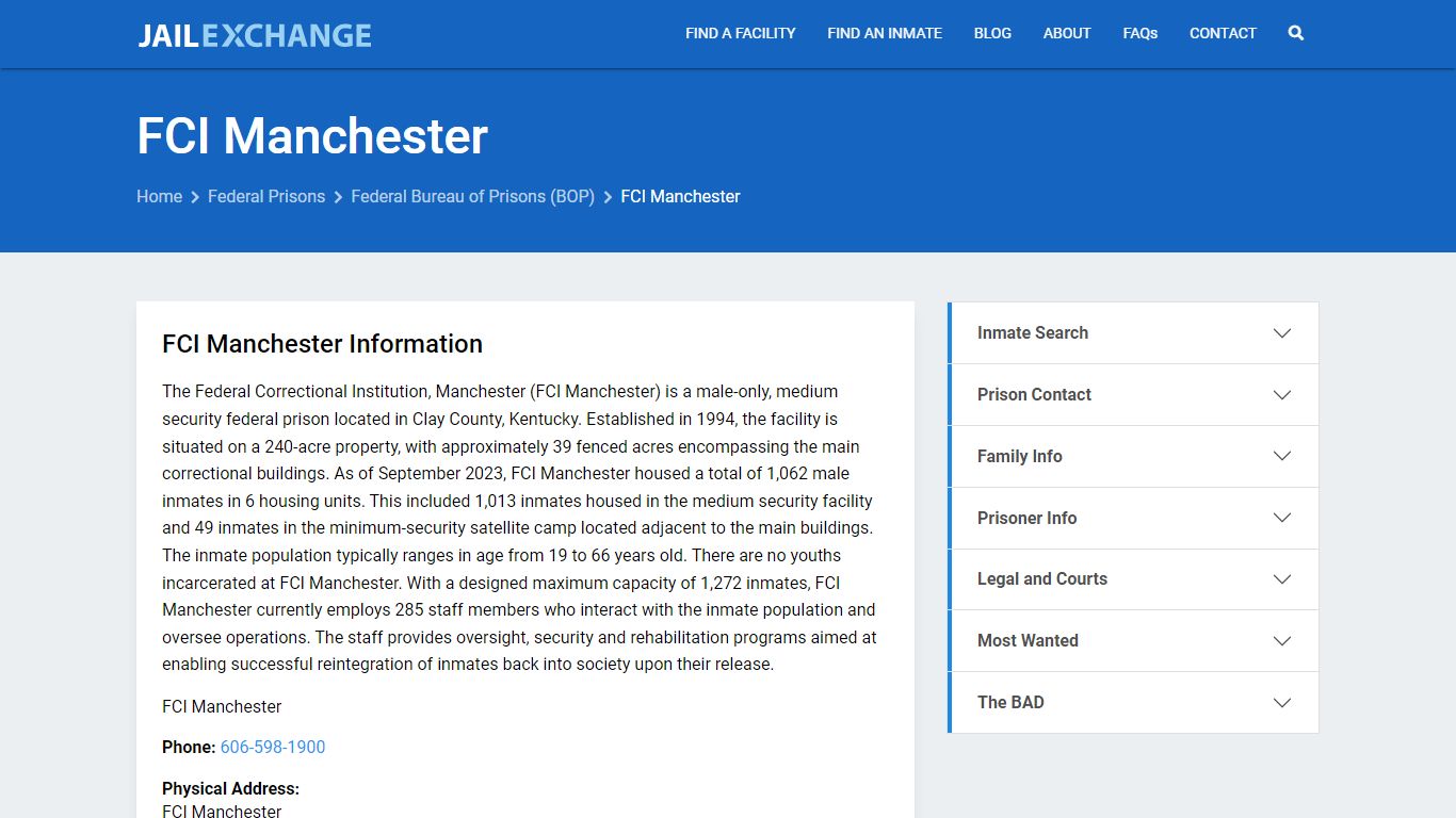 Federal Inmate Search - FCI Manchester - Jail Exchange
