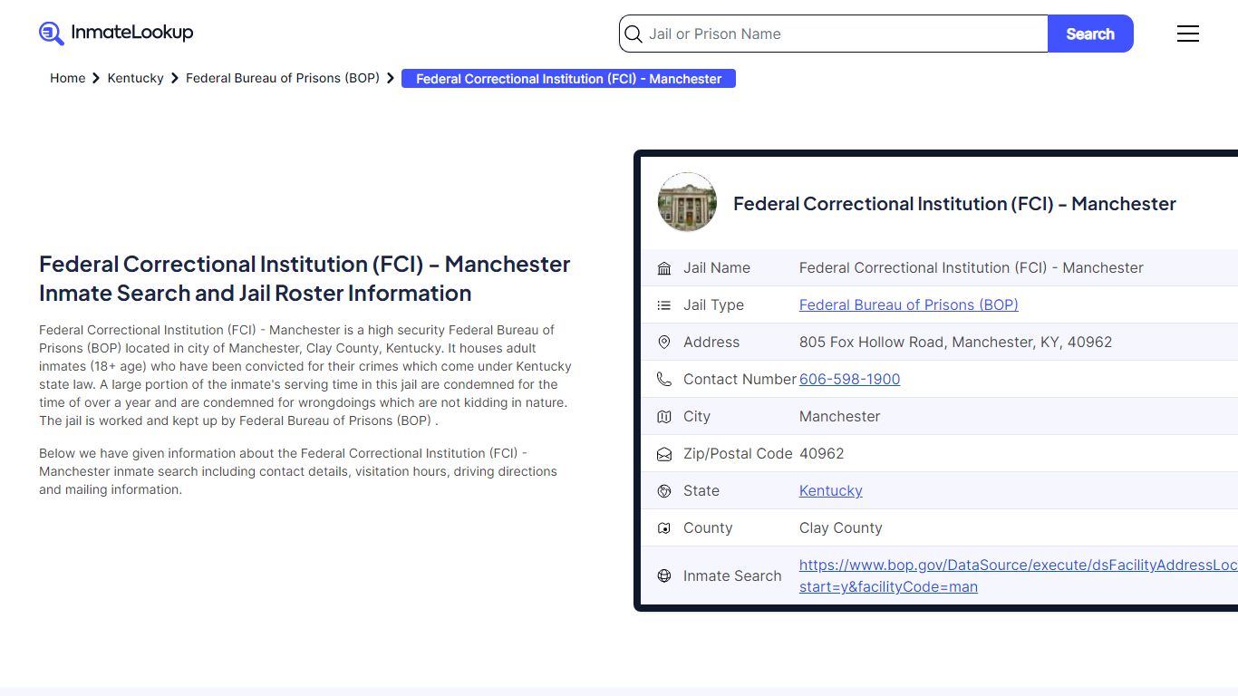 Federal Correctional Institution (FCI) - Manchester Inmate Search, Jail ...
